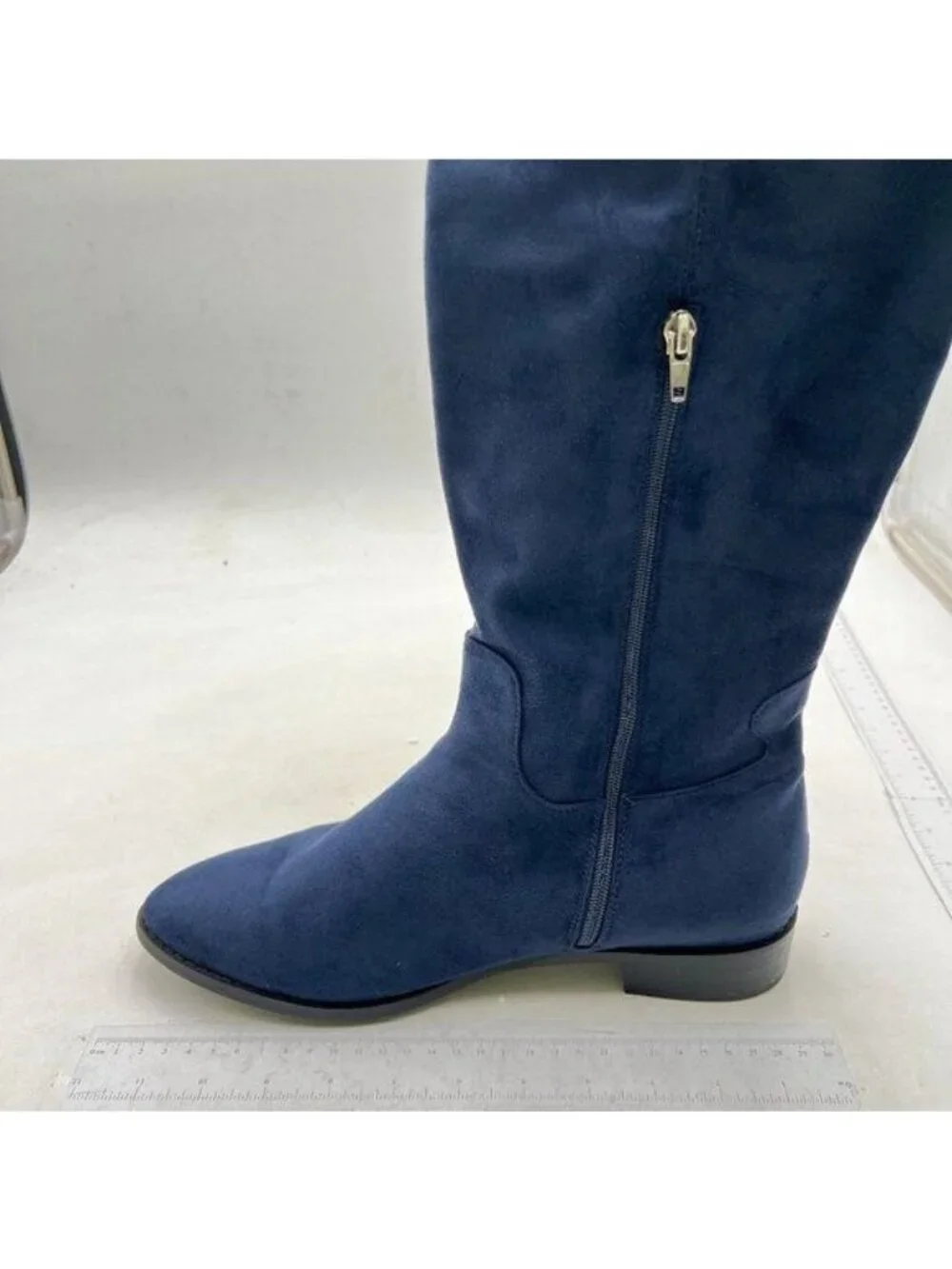 Pazzion Women Almond Toe Knee High Boots with Partial Zipper Stretchy Cold Blue